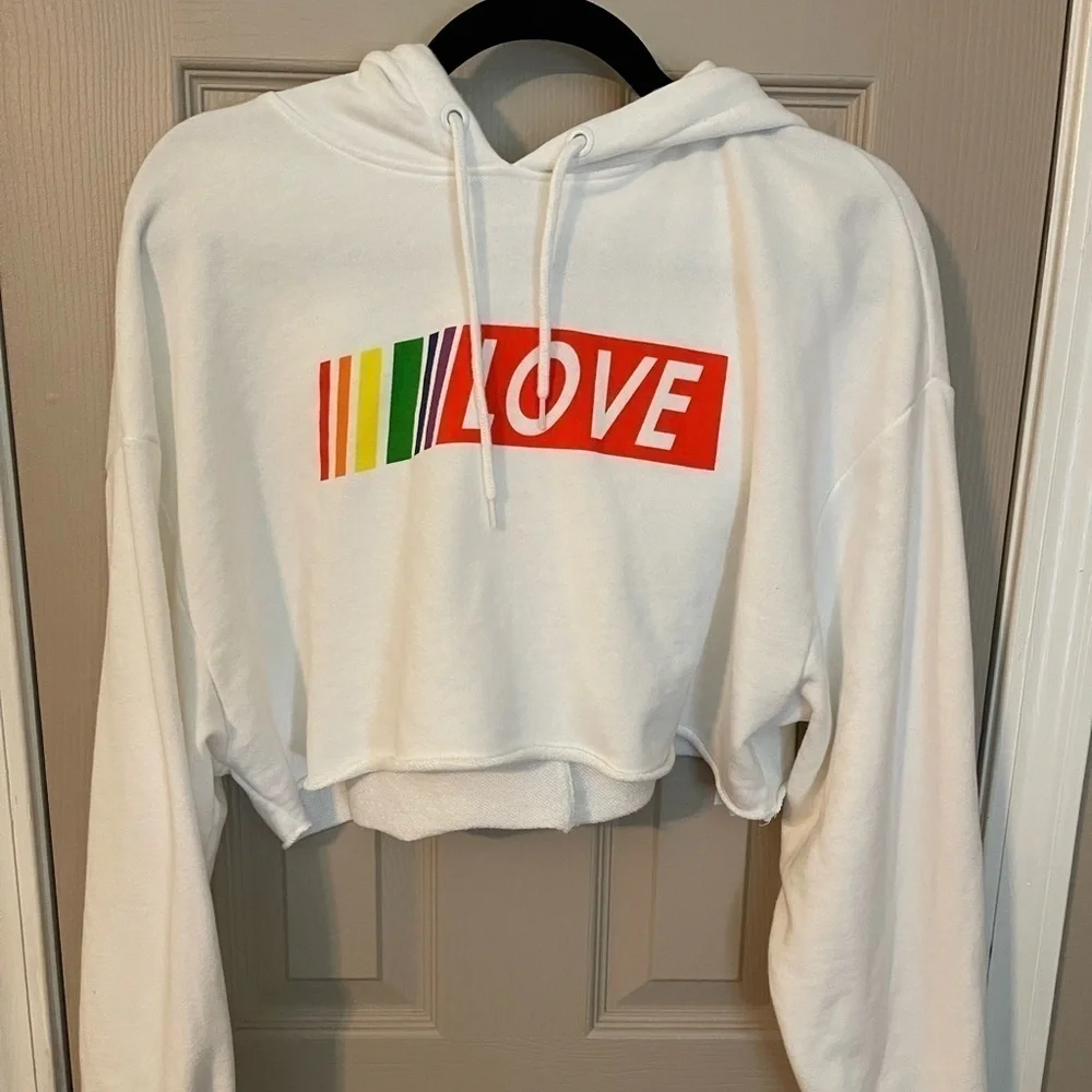 H&M Divided Rainbow Love Cropped Fleece Hoodie NWOT - Picture 3 of 8